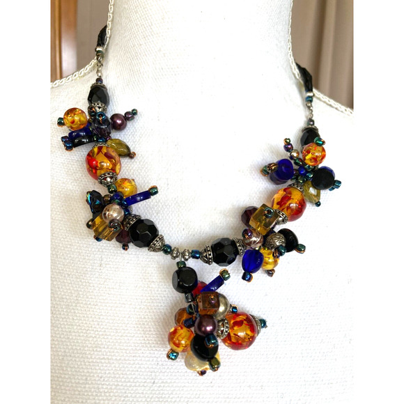 Amber Cobalt AB Black Faceted Star Art Necklace Cluster Beads 17" Gorgeous - Picture 4 of 7
